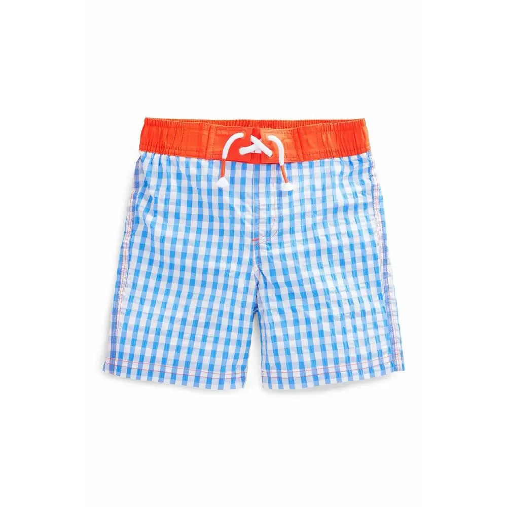 Mini Boden Blue Gingham Swim Trunks Board Shorts Boys 9-10